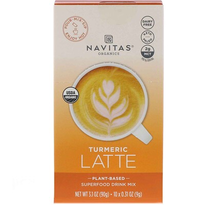 Navitas Organics Latte Superfood Drink Mix, Turmeric, 10 Packets, 0.31 oz (9 g) Each  - купить со скидкой