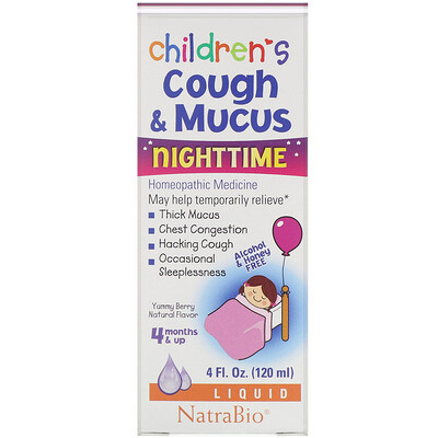 NatraBio Children's Cough & Mucus, NightTime, Alcohol Free, Yummy Berry Natural Flavor, 4 Months and Up, 4 fl oz (120 ml)