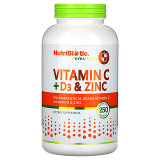 NutriBiotic, مكمل غذائي يحتوي على فيتامين (جـ) + (د3) والزنك لتعزيز المناعة، 250 كبسولة