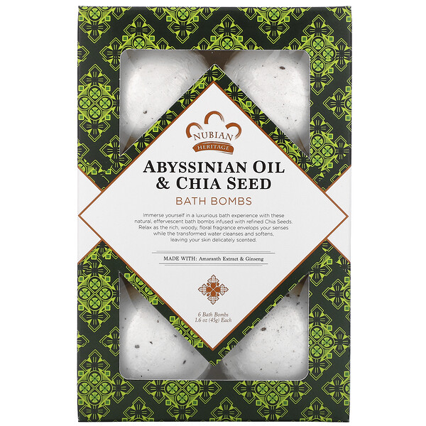 Nubian Heritage‏, Abyssinian Oil & Chia Seed, Bath Bombs, 6 Bath Bombs, 1.6 oz (45 g) Each