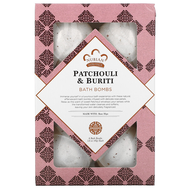 Nubian Heritage‏, Patchouli & Buriti, Bath Bombs, 6 Bath Bombs, 1.6 oz (45 g) Each