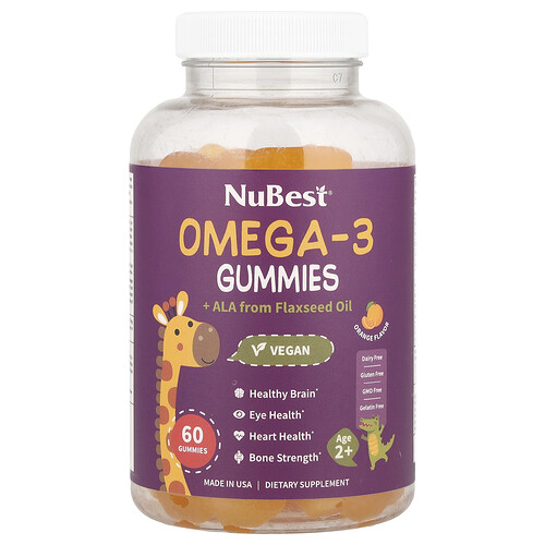 NuBest, Omega-3 Gummies + ALA from Flaxseed Oil, Omega-3-Fruchtgummis + ALA aus Leinsamenöl, ab 2 Jahren, Orange, 60 Fruchtgummis