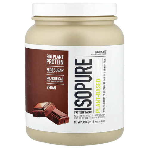 Isopure Plant-Based Protein Powder, Chocolate, 1.37 lb (621 g)