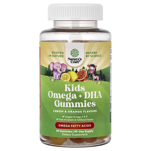 Nature's Craft, Kids Omega + DHA Gummies, Fruchtgummis mit Omega und DHA für Kinder, Zitrone und Orange, 90 Fruchtgummis
