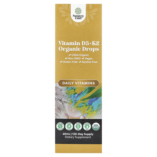 Nature's Craft Organic Vitamin D3 + K2 Drops, Alcohol-Free, 60 ml