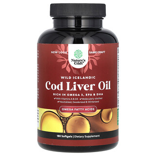 Nature's Craft, Óleo de Fígado de Bacalhau Selvagem Islandês com Vitaminas A e D3, 180 Cápsulas Softgel