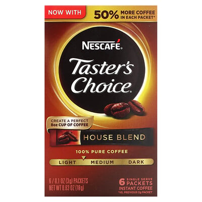 

Nescafé Taster's Choice, растворимый кофе, домашняя смесь, светлый / средний, 6 пакетиков по 3 г (0,1 унции)