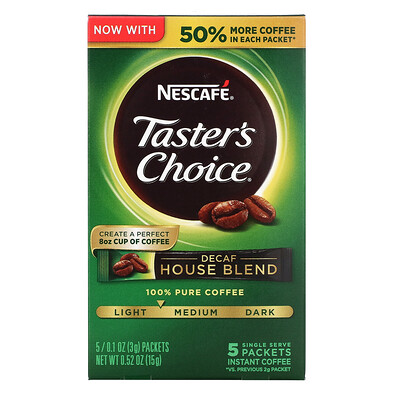 Nescafé Taster's Choice, House Blend, растворимый кофе, легкая/средняя обжарка, без кофеина, 5 пакетиков по 3 г (0,1 унции)