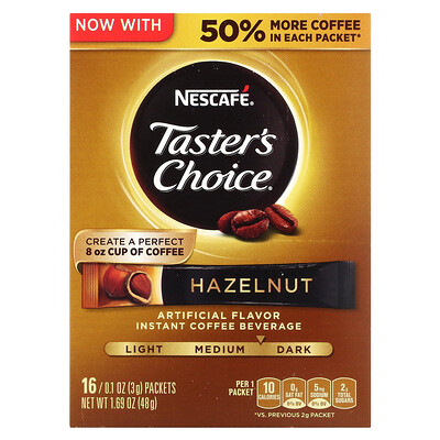 

Nescafé Taster's Choice Instant Coffee Beverage Hazelnut Medium/Dark Roast 16 Packets 0.1 oz (3 g) Each