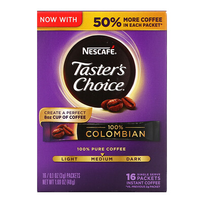 Nescafé Taster's Choice, растворимый кофе, 100% колумбийский, 16 порционных пакетиков, по 0,1 унции (3 г) каждый
