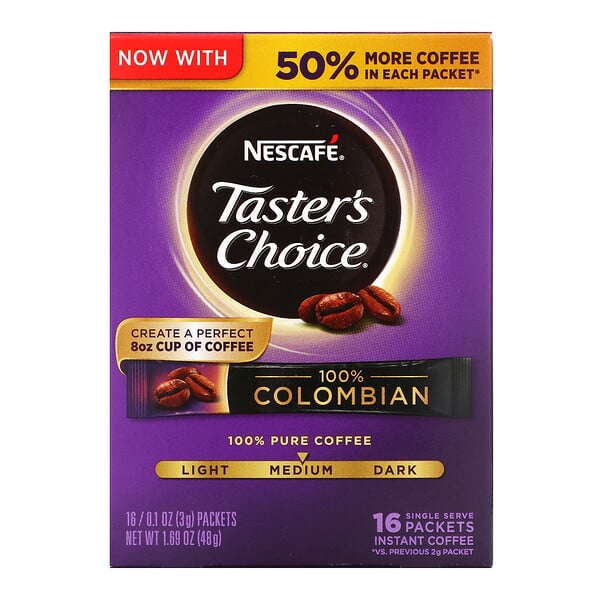 Nescafé, Café instantáneo, al gusto del consumidor, 100 % colombiano, 16 paquetes individuales, 0.1 oz. (3 g) cada uno.
