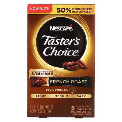 

Nescafé, Taster's Choice, Instant Coffee, French Roast, 5 Packets, 0.1 oz (3 g) Each