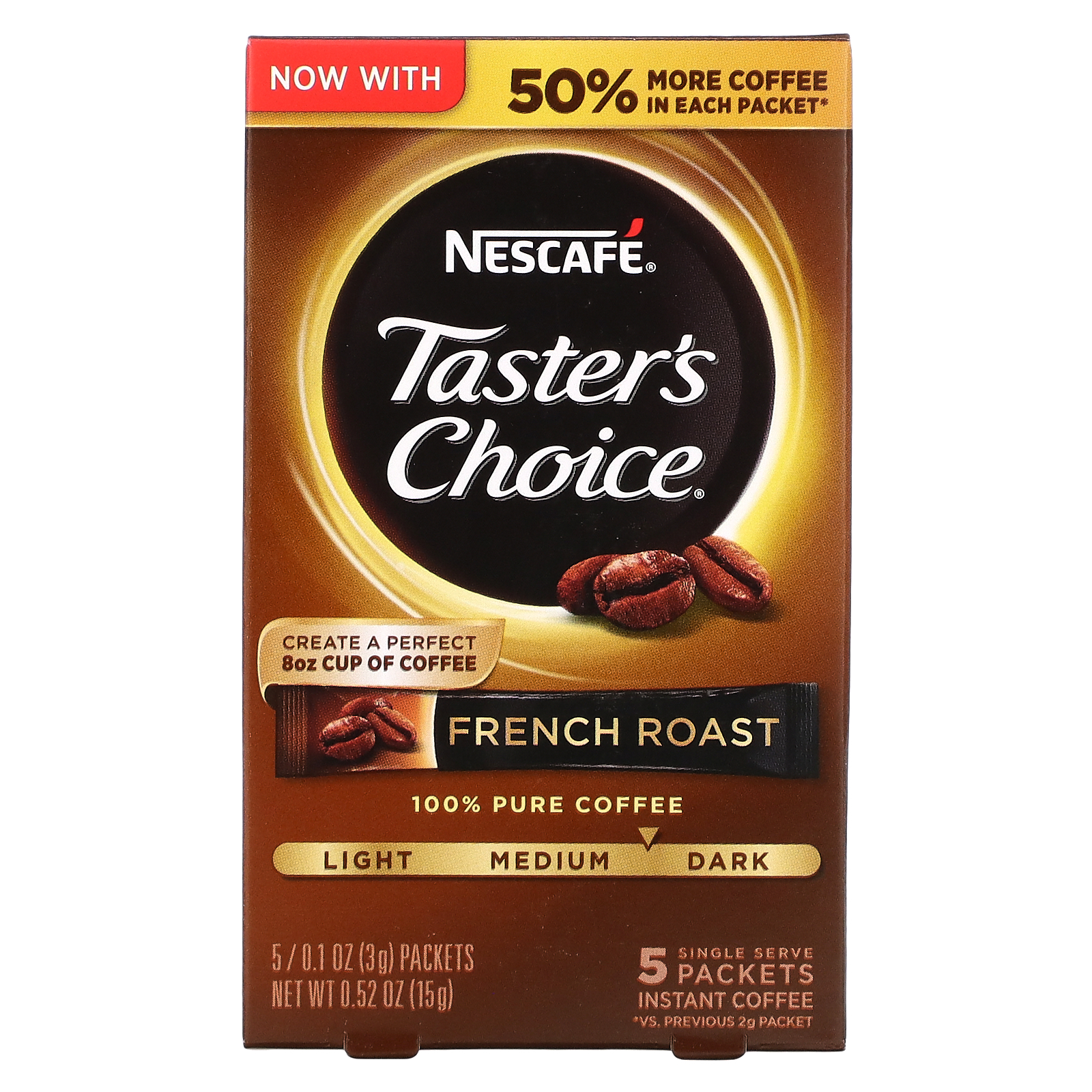 Nescafé, Taster's Choice, インスタントコーヒー, フレンチロースト, 1人用5袋入り, 各0.1オンス (3 g)