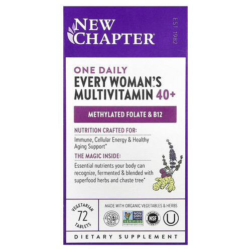 New Chapter, Suplemento multivitamínico mayor de 40 años, Una ingesta diaria para todas las mujeres, 72 comprimidos vegetales