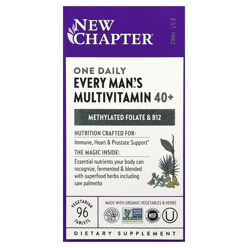 New Chapter, Suplemento multivitamínico de 40 años en adelante, Una ingesta diaria para todos los hombres, 96 comprimidos vegetales
