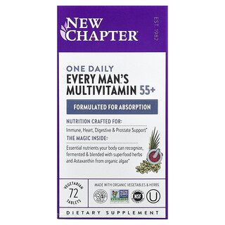 New Chapter, Every Man's, Suplemento multivitamínico de una ingesta diaria para hombres de 55 años en adelante, 72 comprimidos vegetales