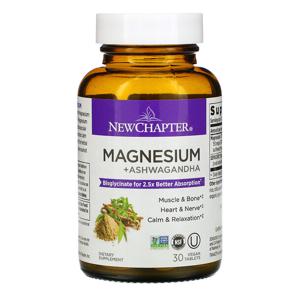 New Chapter, Magnesium + Ashwagandha, 30 Vegan Tablets iHerb