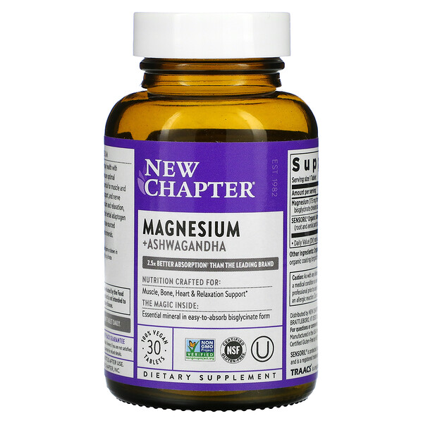 New Chapter‏, Magnesium + Ashwagandha, 30 Vegan Tablets