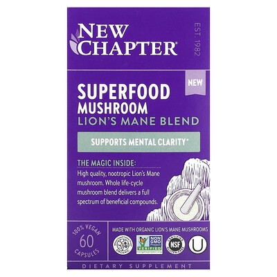 

New Chapter Superfood Mushroom, смесь львиной гривы, 60 веганских капсул