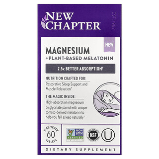 New Chapter, Magnésium et mélatonine d'origine végétale, 60 comprimés végans