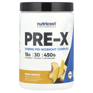 Nutricost, 表現提升，PRE-X，Xtreme 鍛鍊前複合物，桃子芒果味，1 磅（450 克）