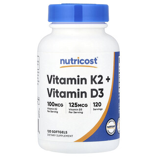 Nutricost, Vitamine K2 + Vitamine D3, 120 capsules à enveloppe molle