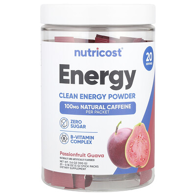 Product Image for Nutricost, Energy, Clean Energy Powder, Passionfruit Guava, 20 Stick Packs, 0.18 oz (5 g) Each