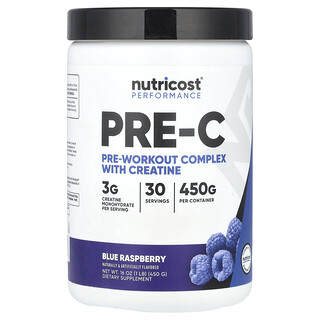 Nutricost, Performance, Pre-C, předtréninkový komplex s kreatinem, modrou malinou, 450 g (1 lb)