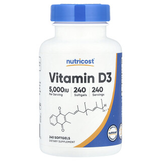 Nutricost, 維生素 D3，125 微克（5000 國際單位），240 粒軟凝膠