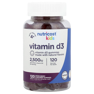 Nutricost, Kinder, Vitamin D3, ab 4 Jahren, gemischte Beeren, 62,5 mcg (2.500 IU), 120 Fruchtgummis