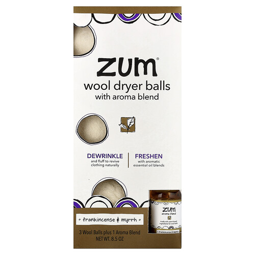 ZUM, Wool Dryer Balls with Aroma Blend, Trocknerbälle aus Wolle mit Aromamischung, Weihrauch und Myrrhe, 4 Stück