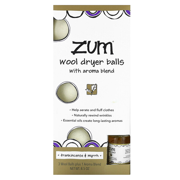 ZUM Wool Dryer Balls with Aroma Blend, Frankincense & Myrrh, 4 Pieces