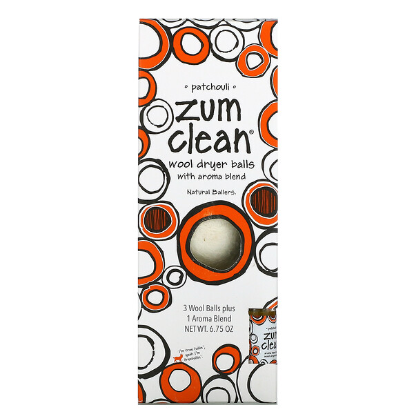 Zum Clean, Wool Dryer Balls with Aroma Blend, Patchouli, 4 Pieces