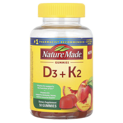 Nature Made Vitamin D3 + K2 Gummies, Peach, 50 Gummies