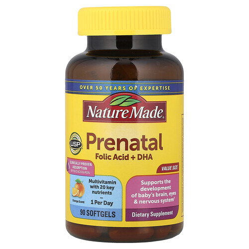 Nature Made, Prenatal Folic Acid + DHA, pränatale Folsäure + DHA, Orange, 90 Weichkapseln