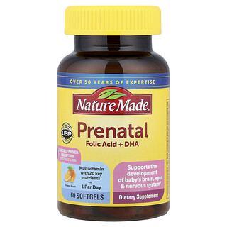 Nature Made, Suplemento prenatal con ácido fólico y DHA, 60 cápsulas blandas