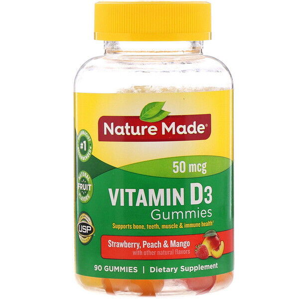 Nature Made, Vitamin D3 Gummies, Vitamin D3-Fruchtgummis, Erdbeere, Pfirsich und Mango, 50 mcg, 90 Fruchtgummis