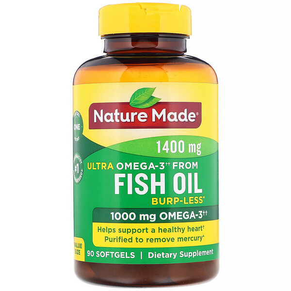 Nature Made, Fish Oil, Ultra Omega-3, Burp-Less, 1,400 mg, 90 Softgels