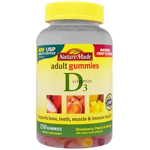 Nature Made, Жевательные витамины для взрослых, Витамин D3, со вкусом клубники, персика и манго, 150 жевательных таблеток