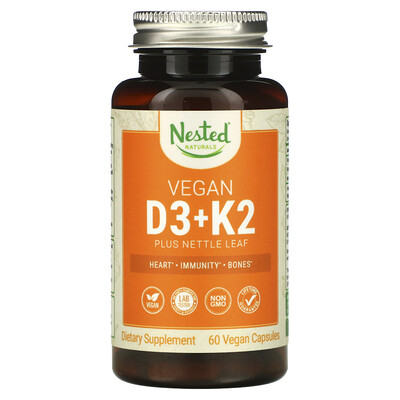 

Nested Naturals Веганские витамины D3 + K2 и листья крапивы, 60 веганских капсул