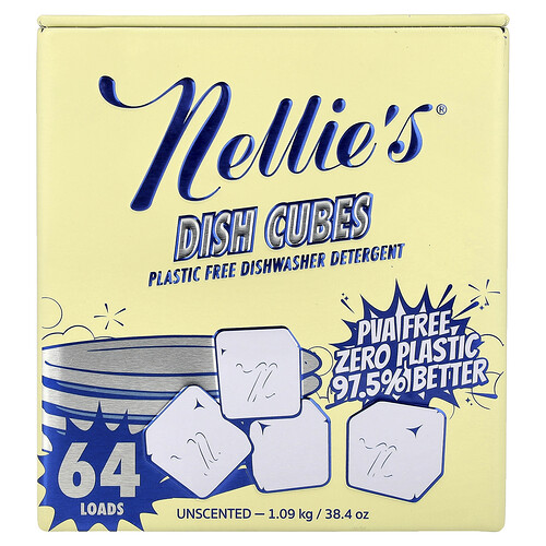 Nellie's Dish Cubes, Plastic Free Dishwasher Detergent, Unscented, 64 Loads, 38.4 oz (1.09 kg)