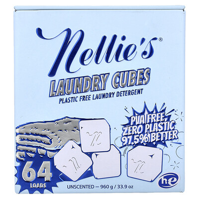 Nellie's, Cubos para la ropa, Detergente para la ropa sin plástico, Sin fragancia, 64 cargas, 960 g (33,9 oz)