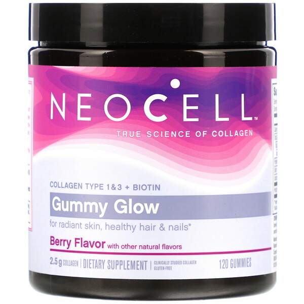 Neocell, Gummy Glow, коллаген 1 и 3 типа с биотином, ягодный вкус, 120 жевательных конфет