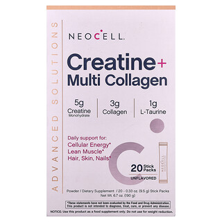 NeoCell, Advanced Solutions, Creatina y múltiples tipos de colágeno, Sin sabor, 20 sobrecitos, 9,5 g (0,33 oz) cada uno