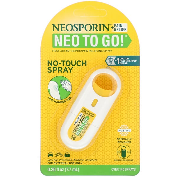 + Schmerzmittel, Neo To Go!, Erste-Hilfe-Wunddesinfektion/schmerzlinderndes Spray, 7,7 ml