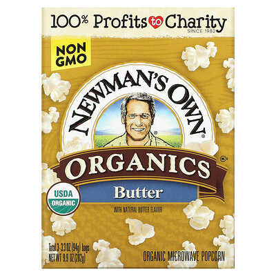 

Newman's Own Organics, Organic Microwave Popcorn, Butter , 3 Bags, 3.3 oz (94 g) Each