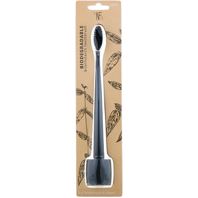 The Natural Family Co. Biodegradable Cornstarch Toothbrush, Pirate Black, Soft, 1 Toothbrush & Stand