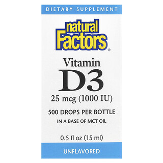 Natural Factors, Gotas de vitamina D3, sin sabor, 25 mcg (1000 UI), 15 ml (0,5 oz. Líq.)