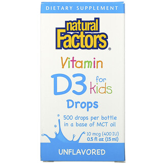 Natural Factors, 儿童维生素 D3 滴剂，原味，10 微克 (400 国际单位)，0.5 液量盎司（15 毫升）