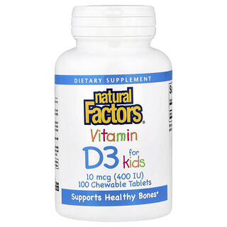 Natural Factors, Vitamine D3 pour enfants, Fraise, 10 µg (400 UI), 100 comprimés à croquer